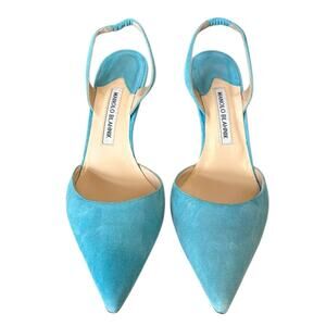 Manolo Blahnik Carolyne Aqua Suede Slingback Pointed Toe Pump 39.5